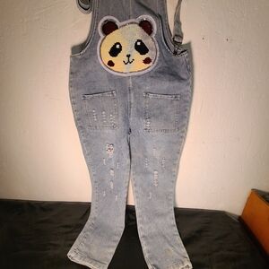 Girls Light Blue Denim Overall Jumpsuit Panda Sequin Patch